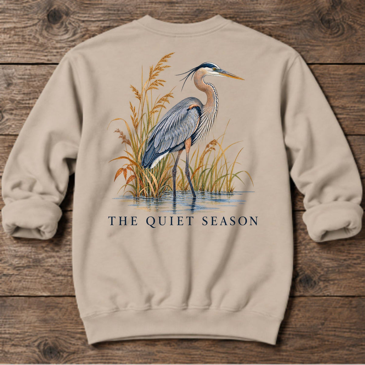 The Quiet Season Heron Back Design Midweight Sweatshirt in Sand, Salty Paws coastal sweatshirt