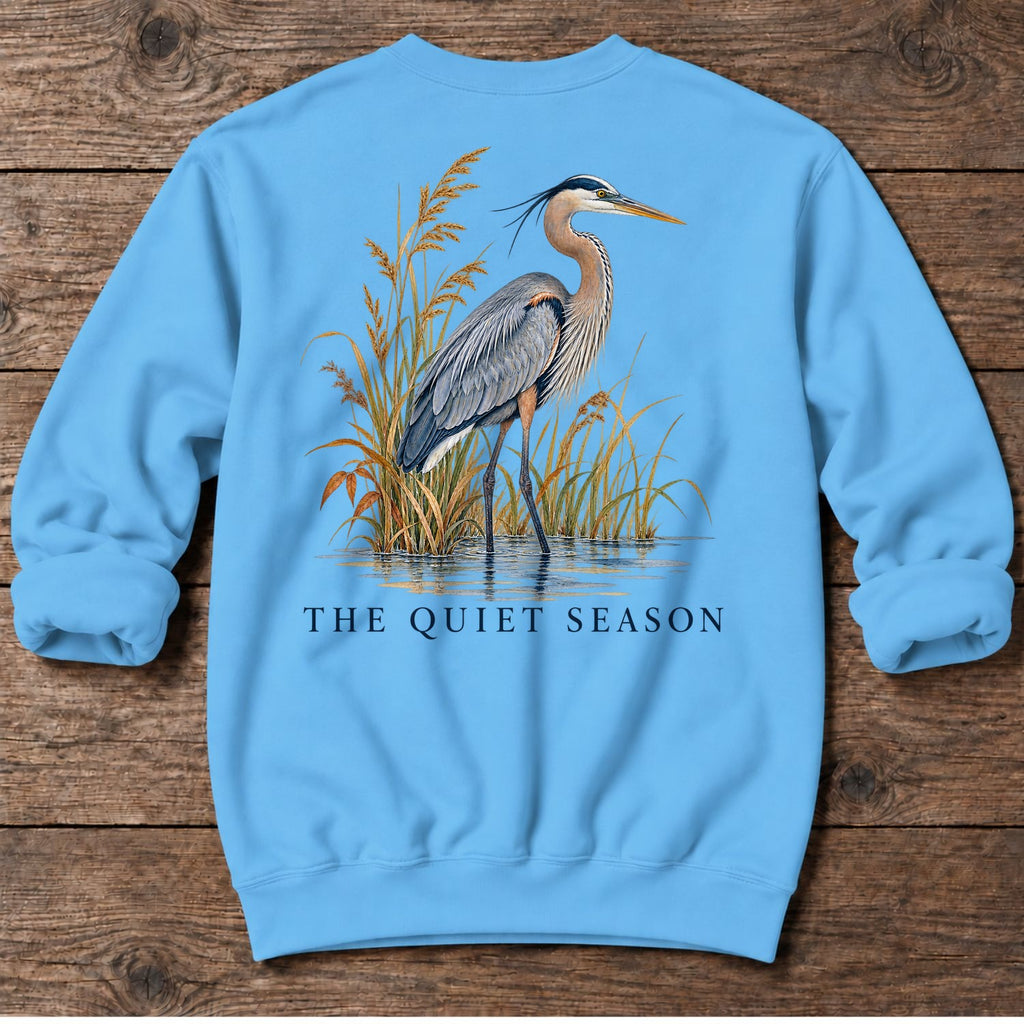 The Quiet Season Heron Back Design Midweight Sweatshirt in Sky, Salty Paws coastal sweatshirt