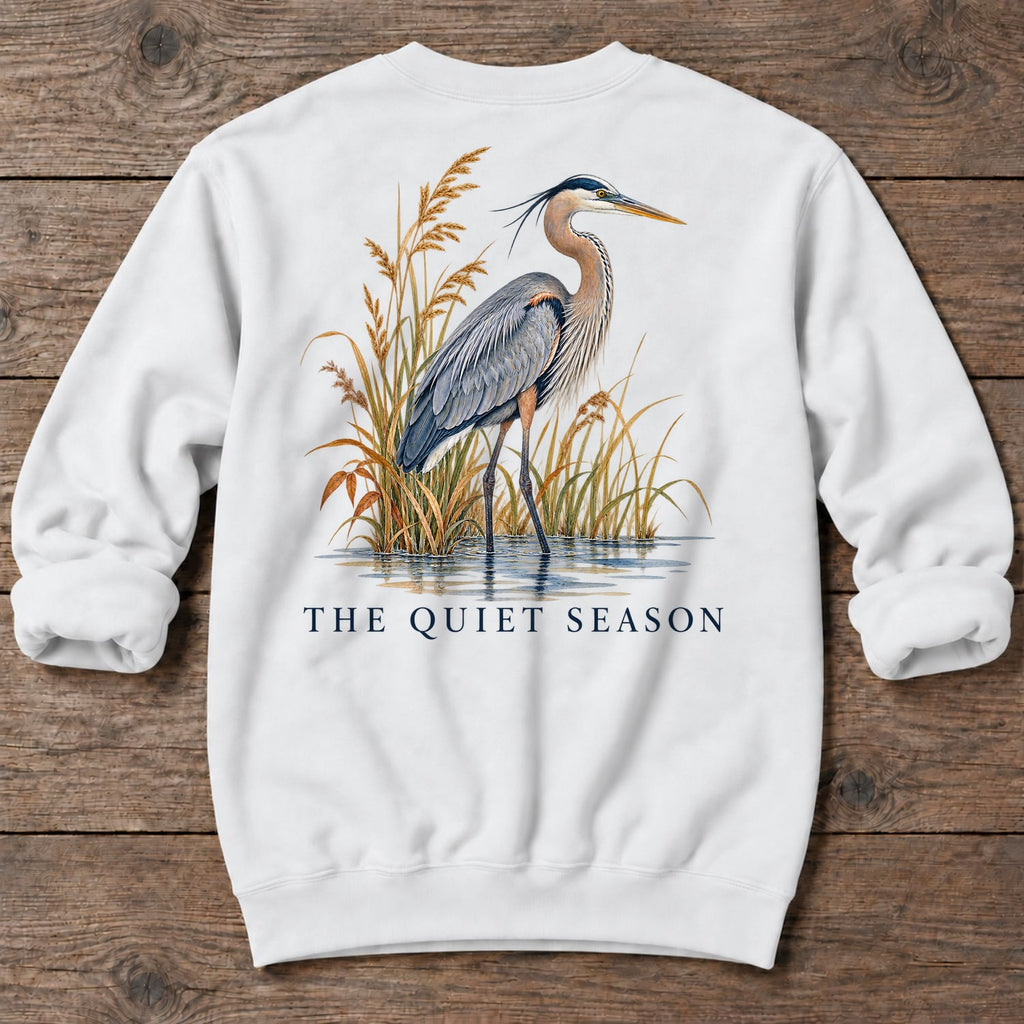 The Quiet Season Heron Back Design Midweight Sweatshirt in White, Salty Paws coastal sweatshirt