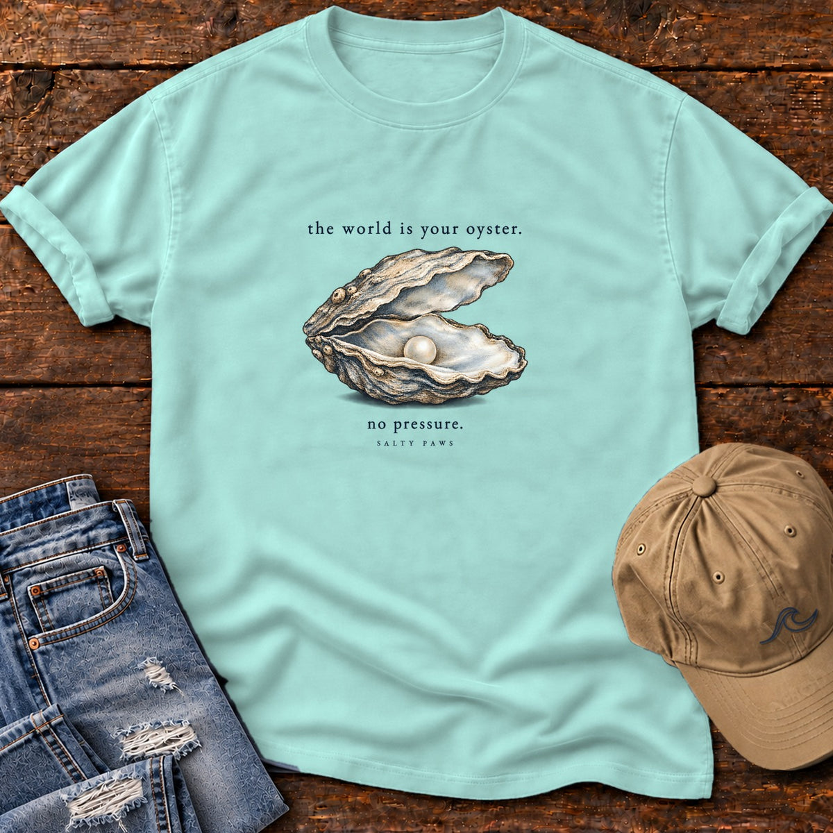 The World Is Your Oyster, No Pressure T-Shirt Comfort Colors in Chalky Mint, Salty Paws Comfort Colors T-Shirt, front design flat lay