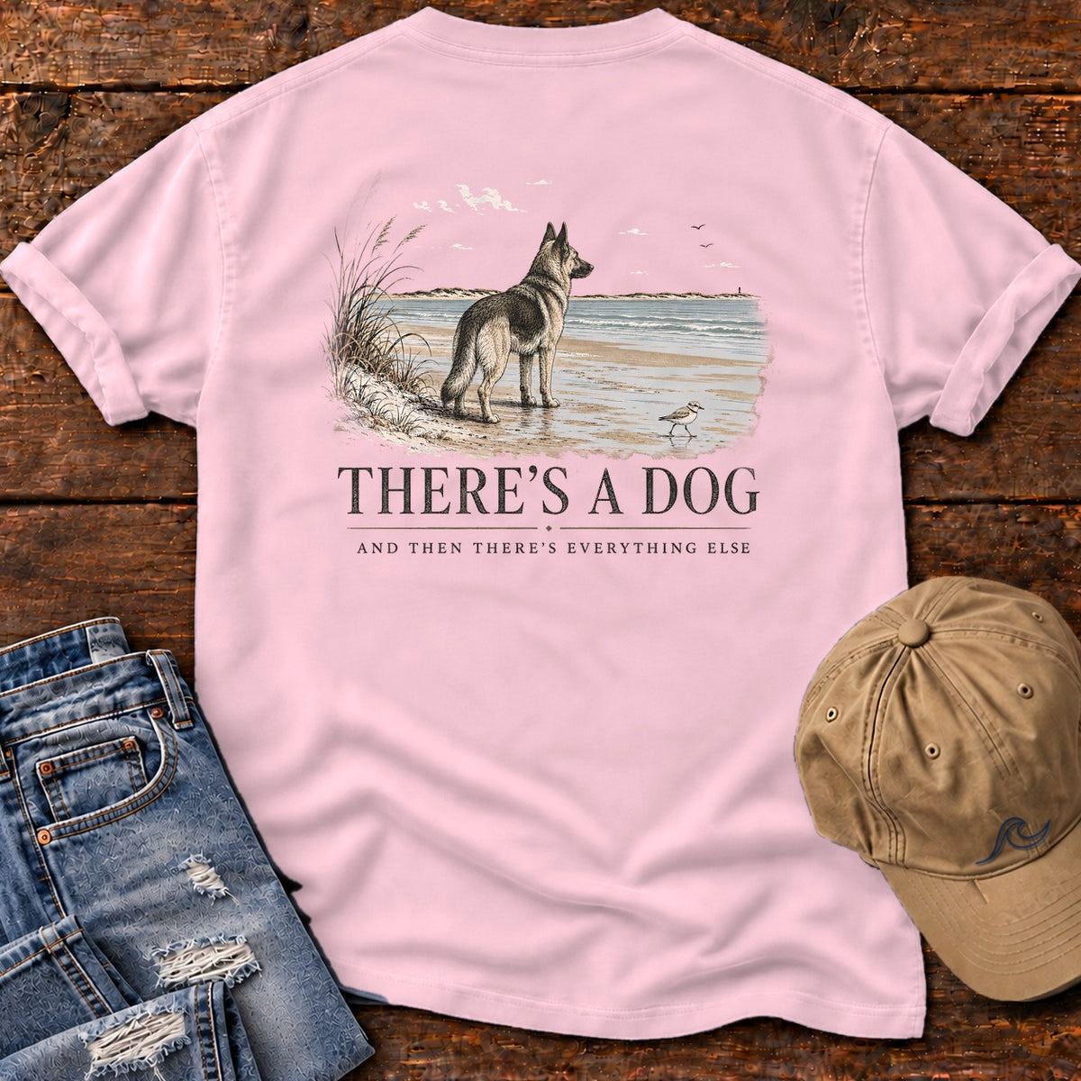 There's a Dog Shepherd Comfort Colors T-Shirt in Blossom, back design flat lay