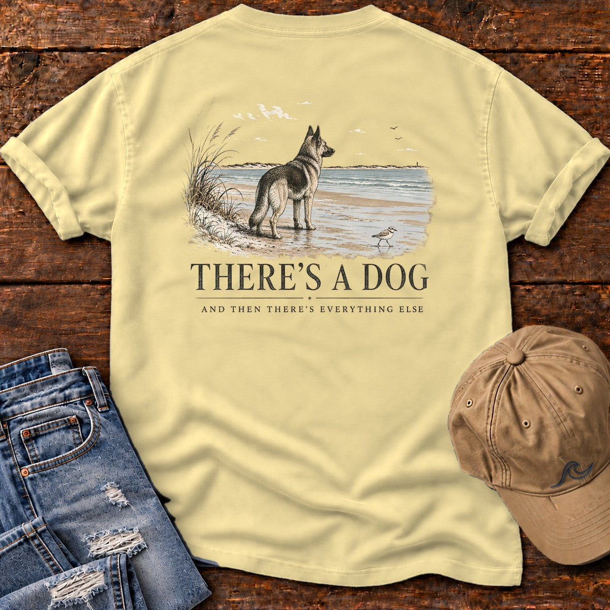 There's a Dog Shepherd Comfort Colors T-Shirt in Butter, back design flat lay