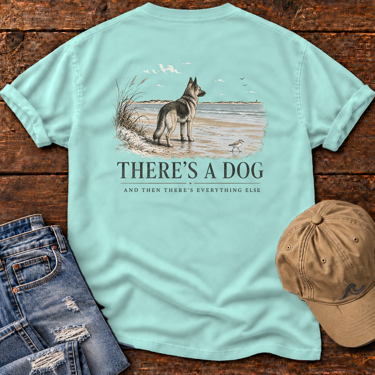 There's a Dog Shepherd Comfort Colors T-Shirt in Chalky Mint, back design flat lay