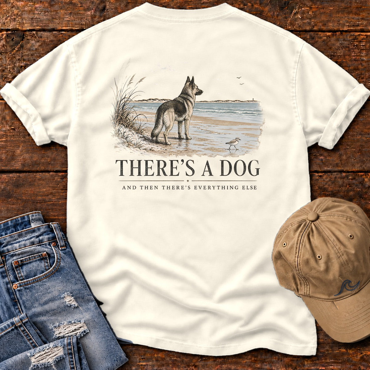 There's a Dog Shepherd Comfort Colors T-Shirt in Ivory, back design flat lay