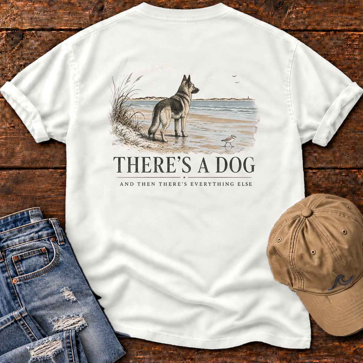 There's a Dog Shepherd Comfort Colors T-Shirt in White, back design flat lay