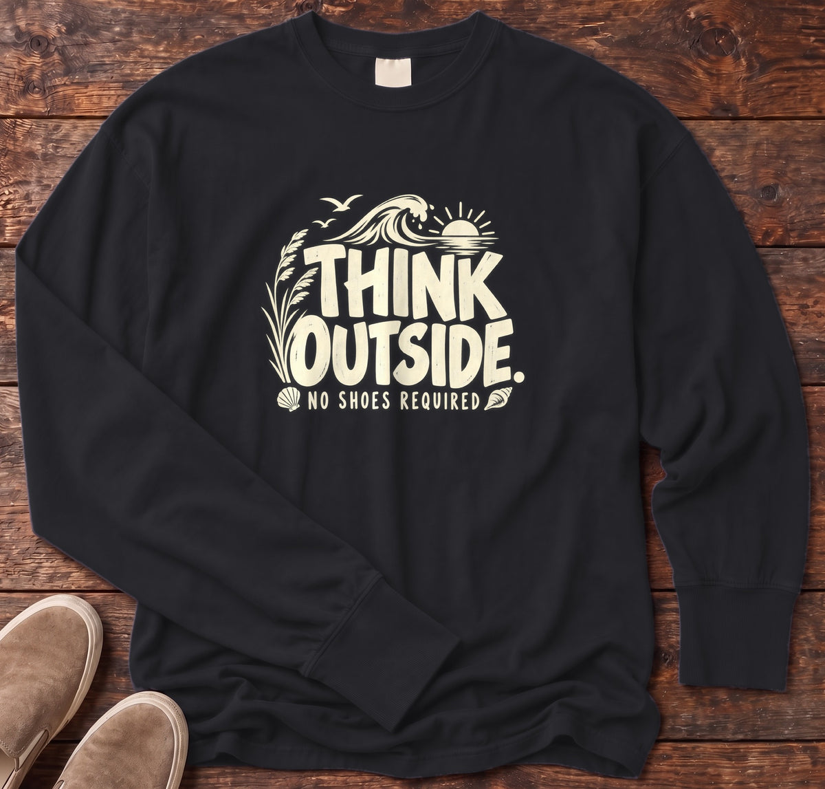 Think Outside, No Shoes Required Long Sleeve Tee Comfort Colors in Black, Salty Paws Comfort Colors Long Sleeve Tee, front design flat lay