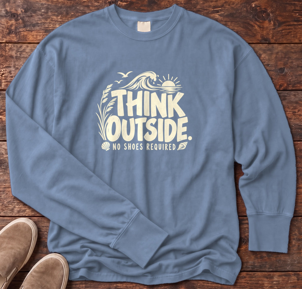 Think Outside, No Shoes Required Long Sleeve Tee Comfort Colors in Blue Jean, Salty Paws Comfort Colors Long Sleeve Tee, front design flat lay