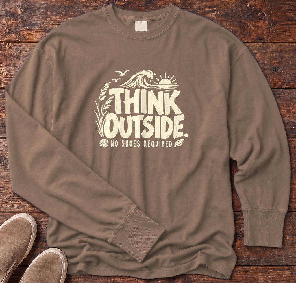 Think Outside, No Shoes Required Long Sleeve Tee Comfort Colors in Espresso, Salty Paws Comfort Colors Long Sleeve Tee, front design flat lay