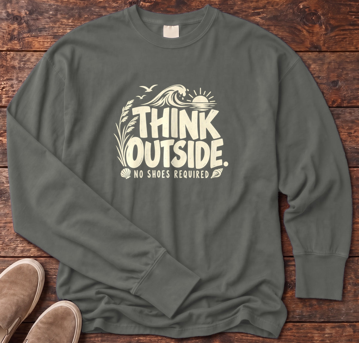 Think Outside, No Shoes Required Long Sleeve Tee Comfort Colors in Pepper, Salty Paws Comfort Colors Long Sleeve Tee, front design flat lay