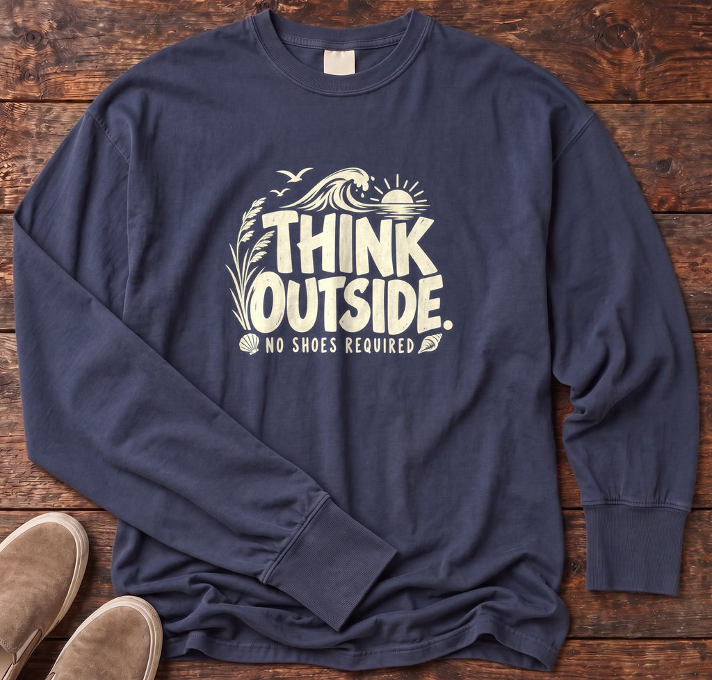 Think Outside, No Shoes Required Long Sleeve Tee Comfort Colors in True Navy, Salty Paws Comfort Colors Long Sleeve Tee, front design flat lay