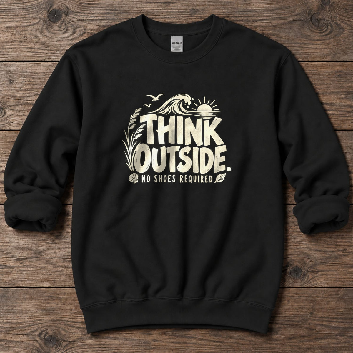 Think Outside, No Shoes Required Midweight Sweatshirt in Black, Salty Paws Midweight Sweatshirt, front design flat lay