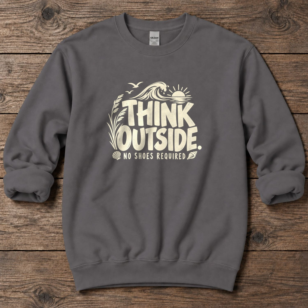 Think Outside, No Shoes Required Midweight Sweatshirt in Charcoal, Salty Paws Midweight Sweatshirt, front design flat lay