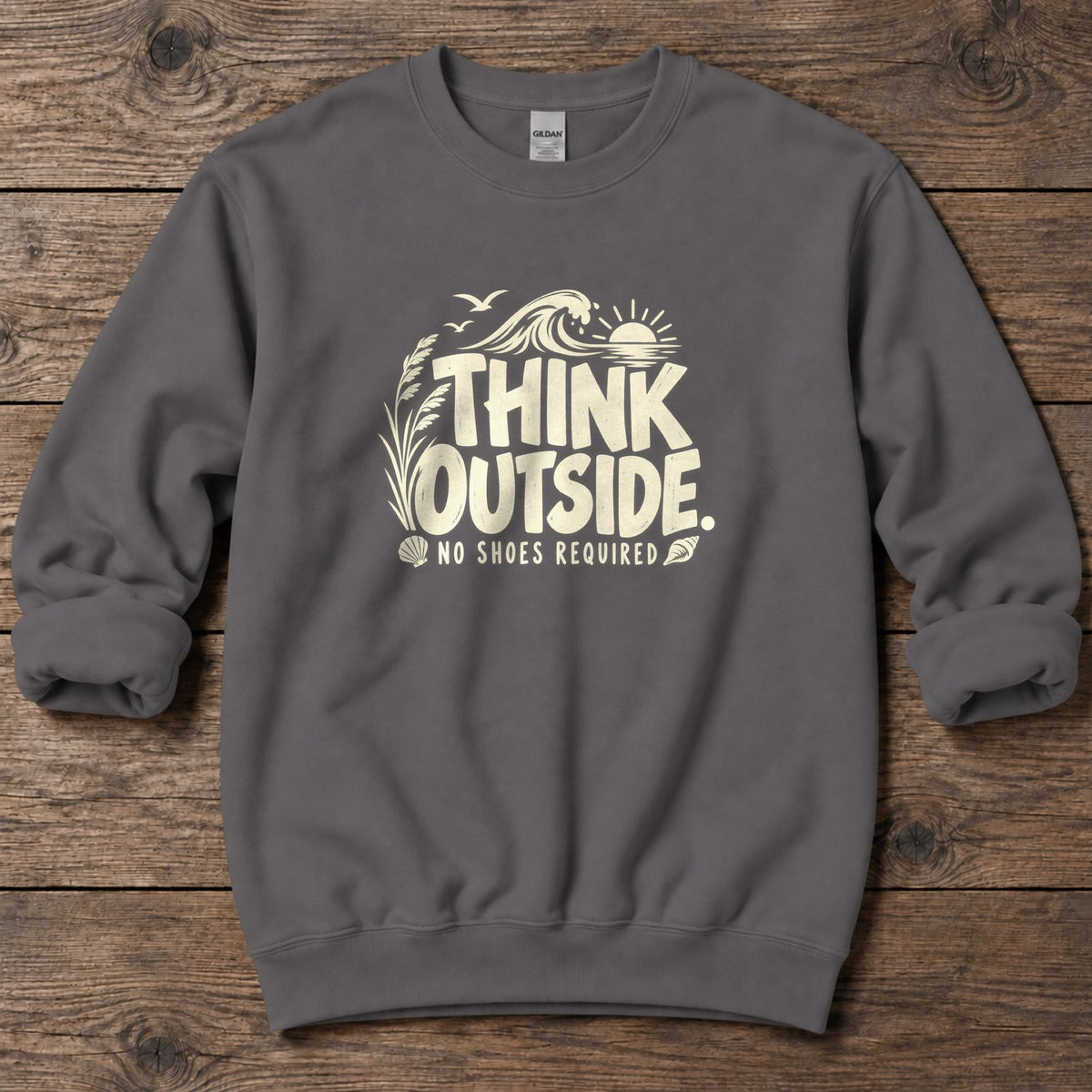 Think Outside, No Shoes Required Midweight Sweatshirt in Charcoal, Salty Paws Midweight Sweatshirt, front design flat lay