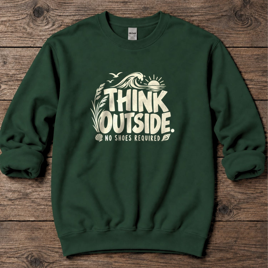 Think Outside, No Shoes Required Midweight Sweatshirt in Forest Green, Salty Paws Midweight Sweatshirt, front design flat lay