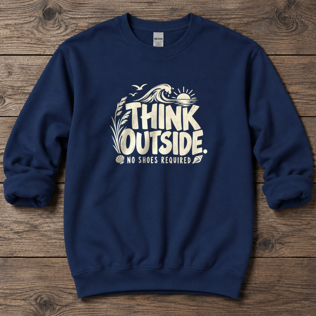 Think Outside, No Shoes Required Midweight Sweatshirt in Navy, Salty Paws Midweight Sweatshirt, front design flat lay
