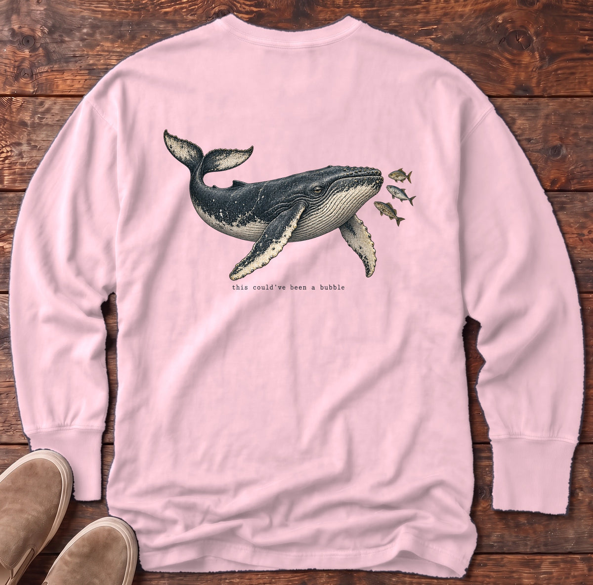 This Could've Been a Bubble Humpback Whale Back Design Long Sleeve Tee Comfort Colors in Blossom, Salty Paws Comfort Colors Long Sleeve Tee, back design flat lay