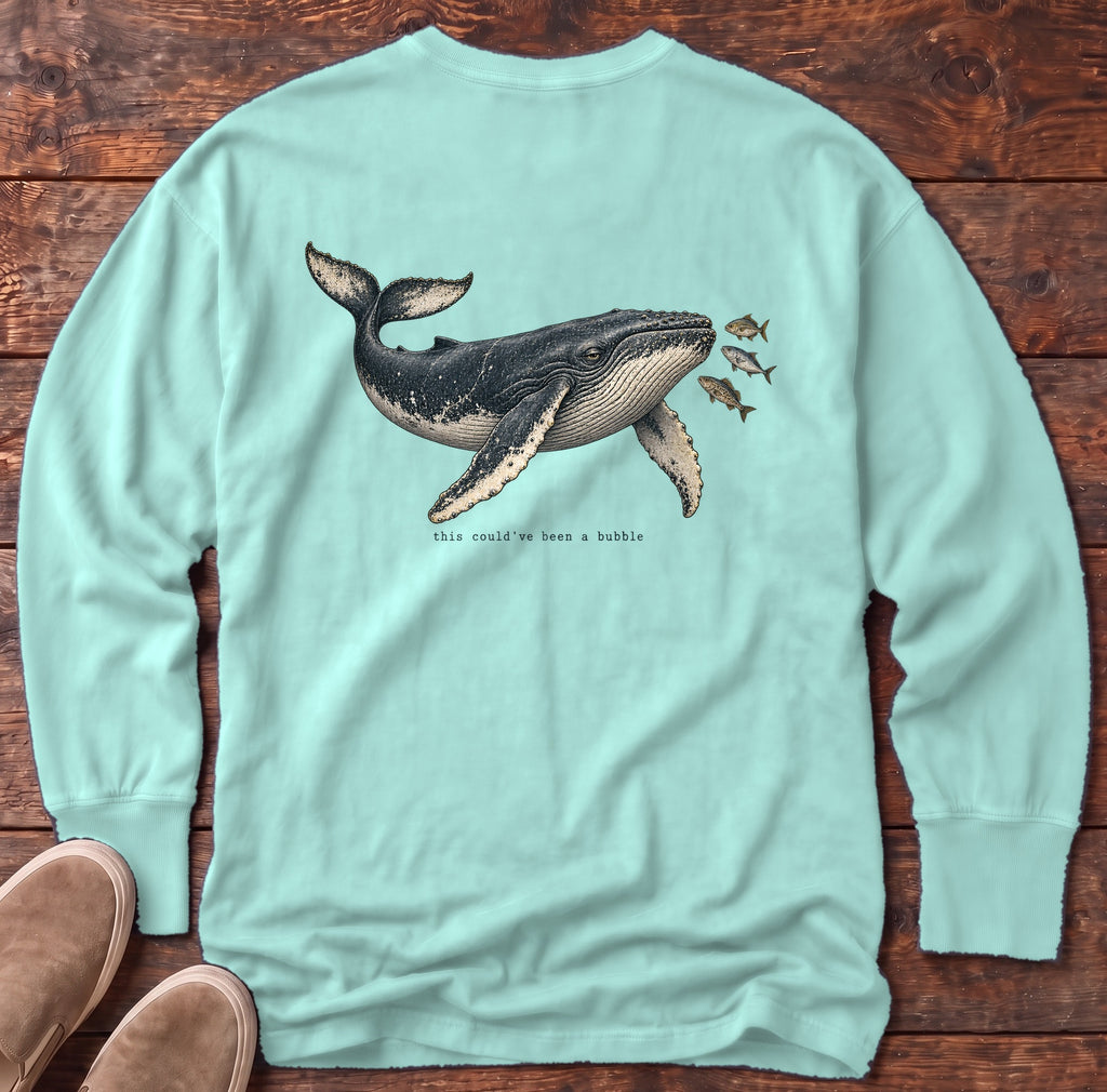This Could've Been a Bubble Humpback Whale Back Design Long Sleeve Tee Comfort Colors in Chalky Mint, Salty Paws Comfort Colors Long Sleeve Tee, back design flat lay