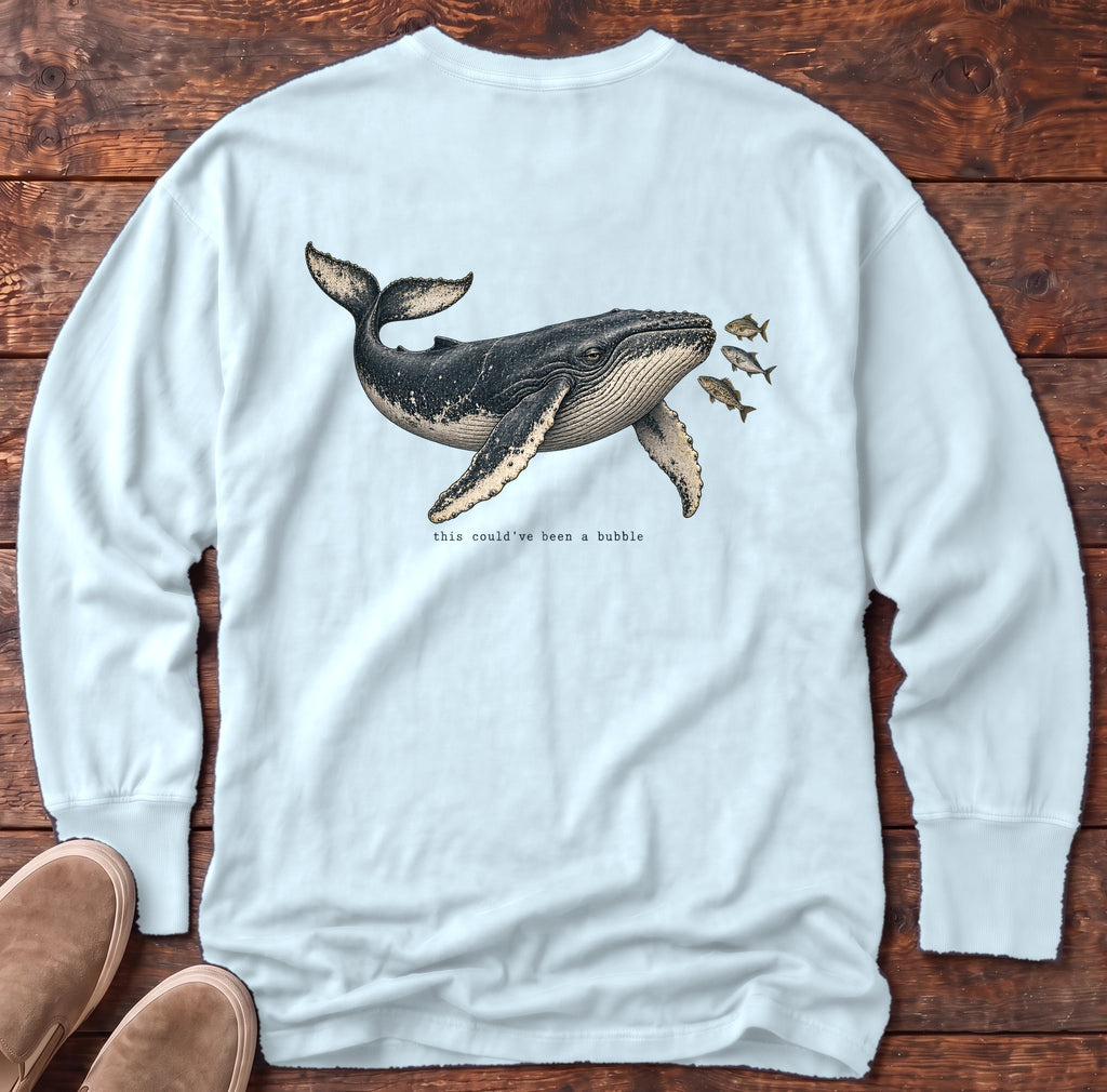 This Could've Been a Bubble Humpback Whale Back Design Long Sleeve Tee Comfort Colors in Chambray, Salty Paws Comfort Colors Long Sleeve Tee, back design flat lay