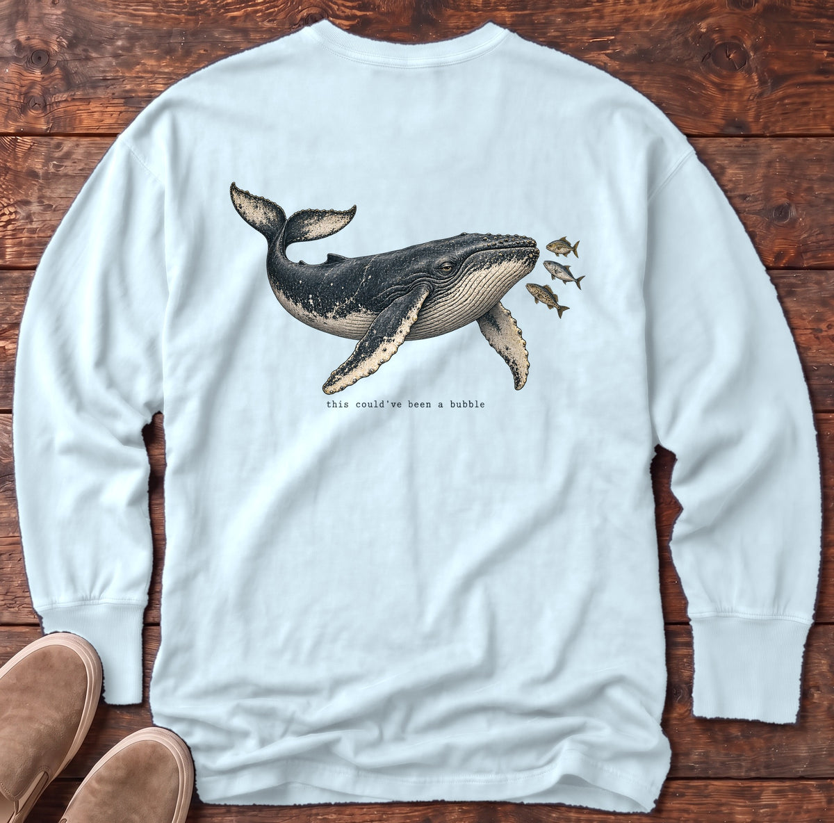 This Could've Been a Bubble Humpback Whale Back Design Long Sleeve Tee Comfort Colors in Chambray, Salty Paws Comfort Colors Long Sleeve Tee, back design flat lay