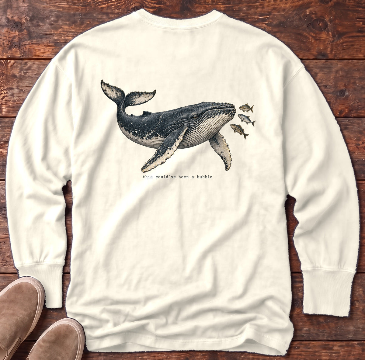 This Could've Been a Bubble Humpback Whale Back Design Long Sleeve Tee Comfort Colors in Ivory, Salty Paws Comfort Colors Long Sleeve Tee, back design flat lay