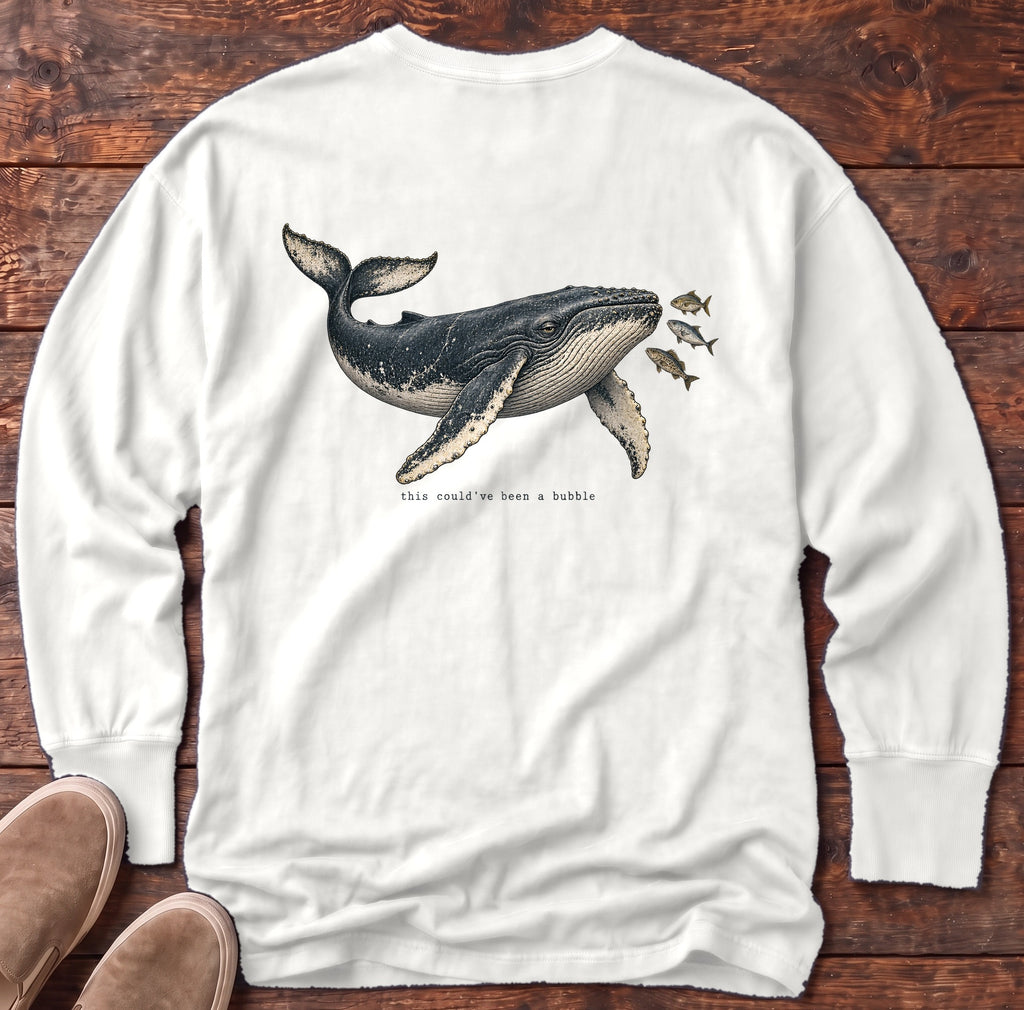 This Could've Been a Bubble Humpback Whale Back Design Long Sleeve Tee Comfort Colors in White, Salty Paws Comfort Colors Long Sleeve Tee, back design flat lay