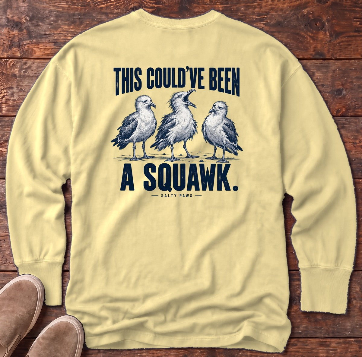 This Could've Been a Squawk Seagulls Back Design Long Sleeve Tee in Butter, Salty Paws Comfort Colors Long Sleeve Tee, back design flat lay