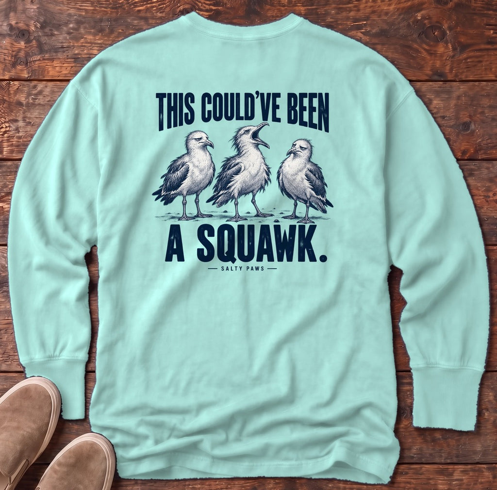This Could've Been a Squawk Seagulls Back Design Long Sleeve Tee in Chalky Mint, Salty Paws Comfort Colors Long Sleeve Tee, back design flat lay