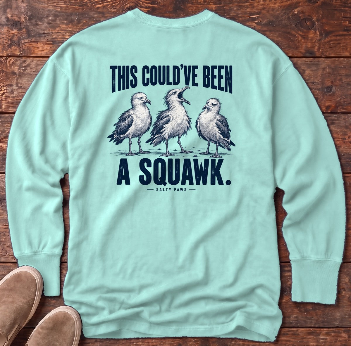 This Could've Been a Squawk Seagulls Back Design Long Sleeve Tee in Chalky Mint, Salty Paws Comfort Colors Long Sleeve Tee, back design flat lay