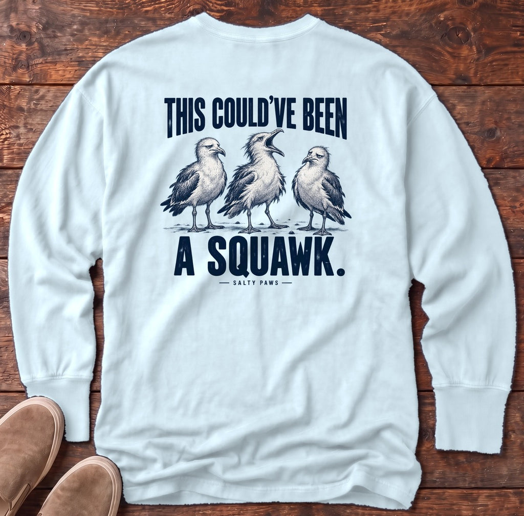 This Could've Been a Squawk Seagulls Back Design Long Sleeve Tee in Chambray, Salty Paws Comfort Colors Long Sleeve Tee, back design flat lay
