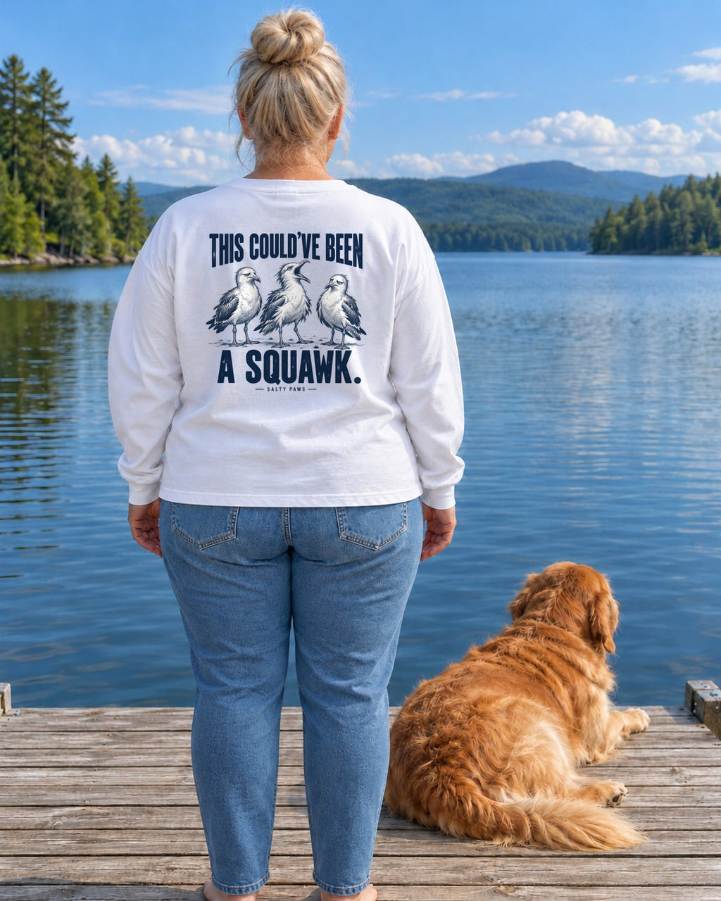 This Could've Been a Squawk Seagulls Back Design Long Sleeve Tee in White, worn by a model, Salty Paws back design