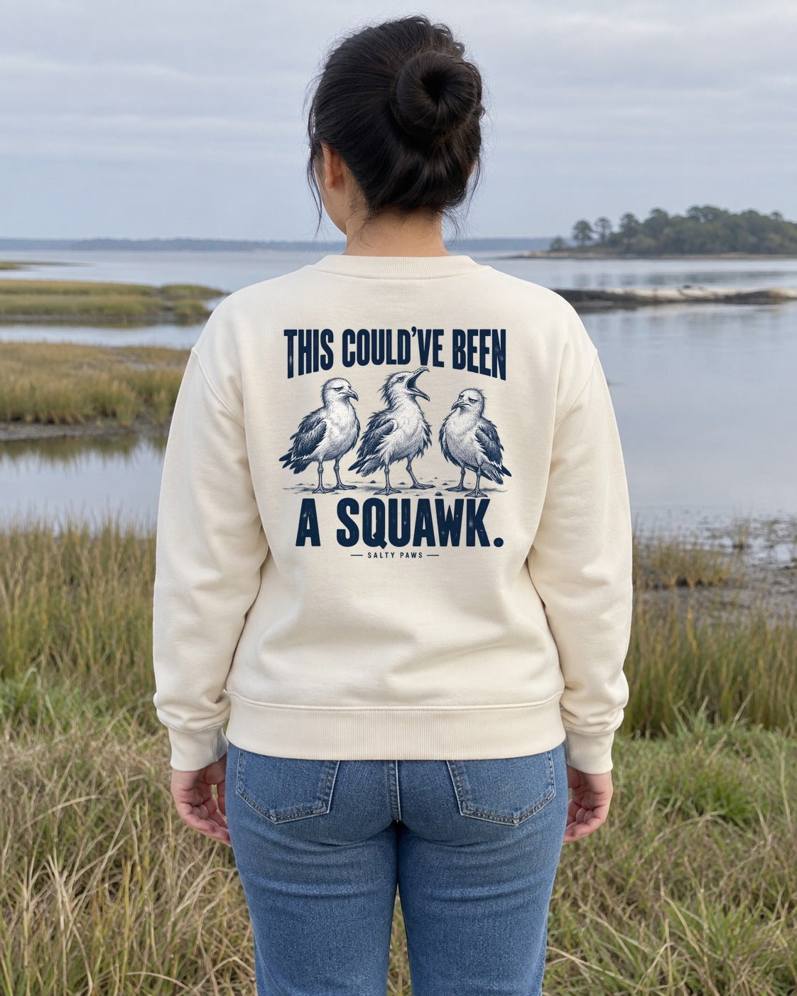 This Could've Been a Squawk Seagulls Back Design Midweight Sweatshirt in White, worn by a model, Salty Paws back design