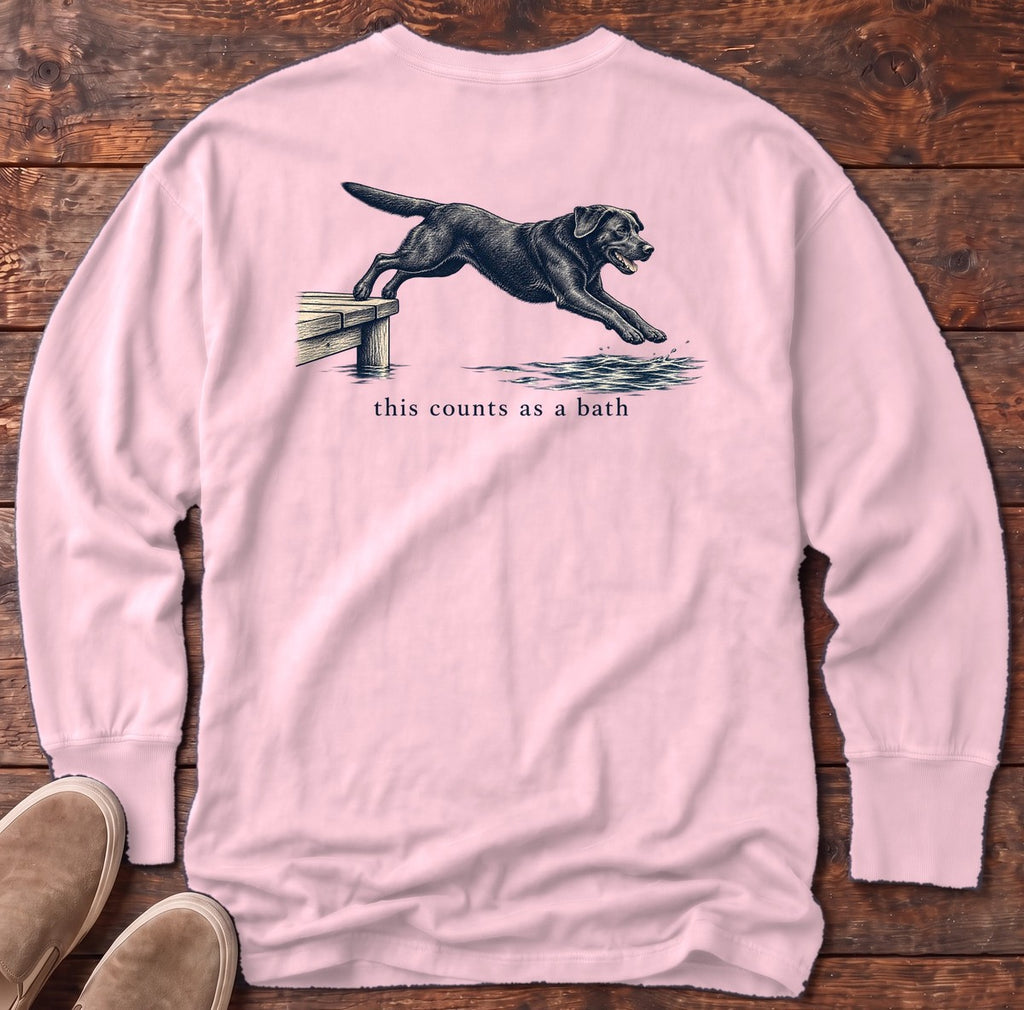 This Counts as a Bath Black Lab Back Design Long Sleeve Tee in Blossom, Salty Paws Comfort Colors Long Sleeve Tee, back design flat lay