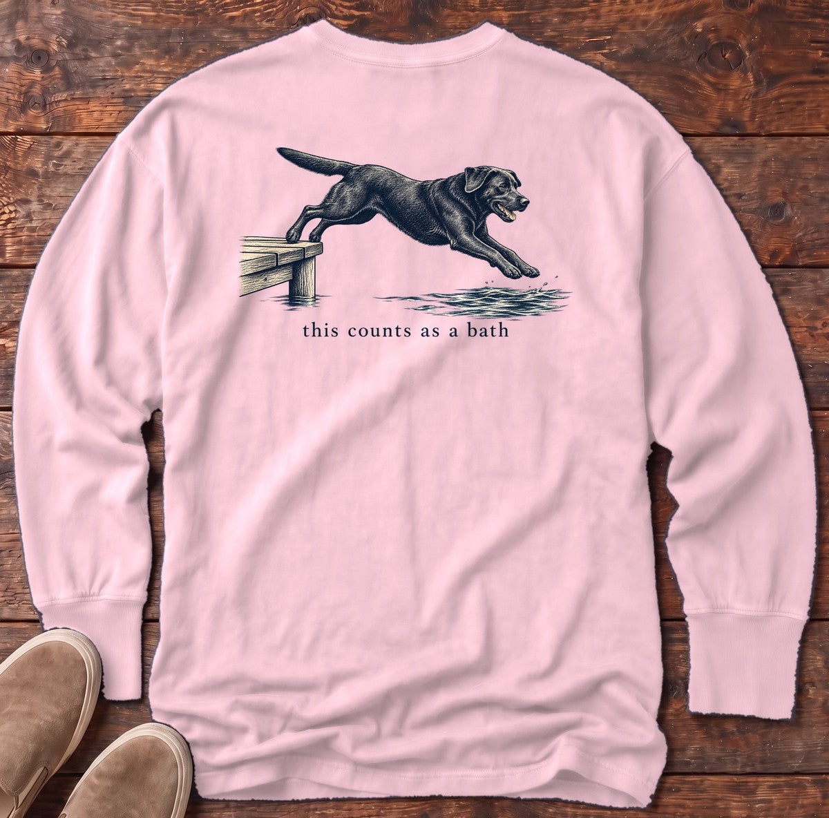 This Counts as a Bath Black Lab Back Design Long Sleeve Tee in Blossom, Salty Paws Comfort Colors Long Sleeve Tee, back design flat lay