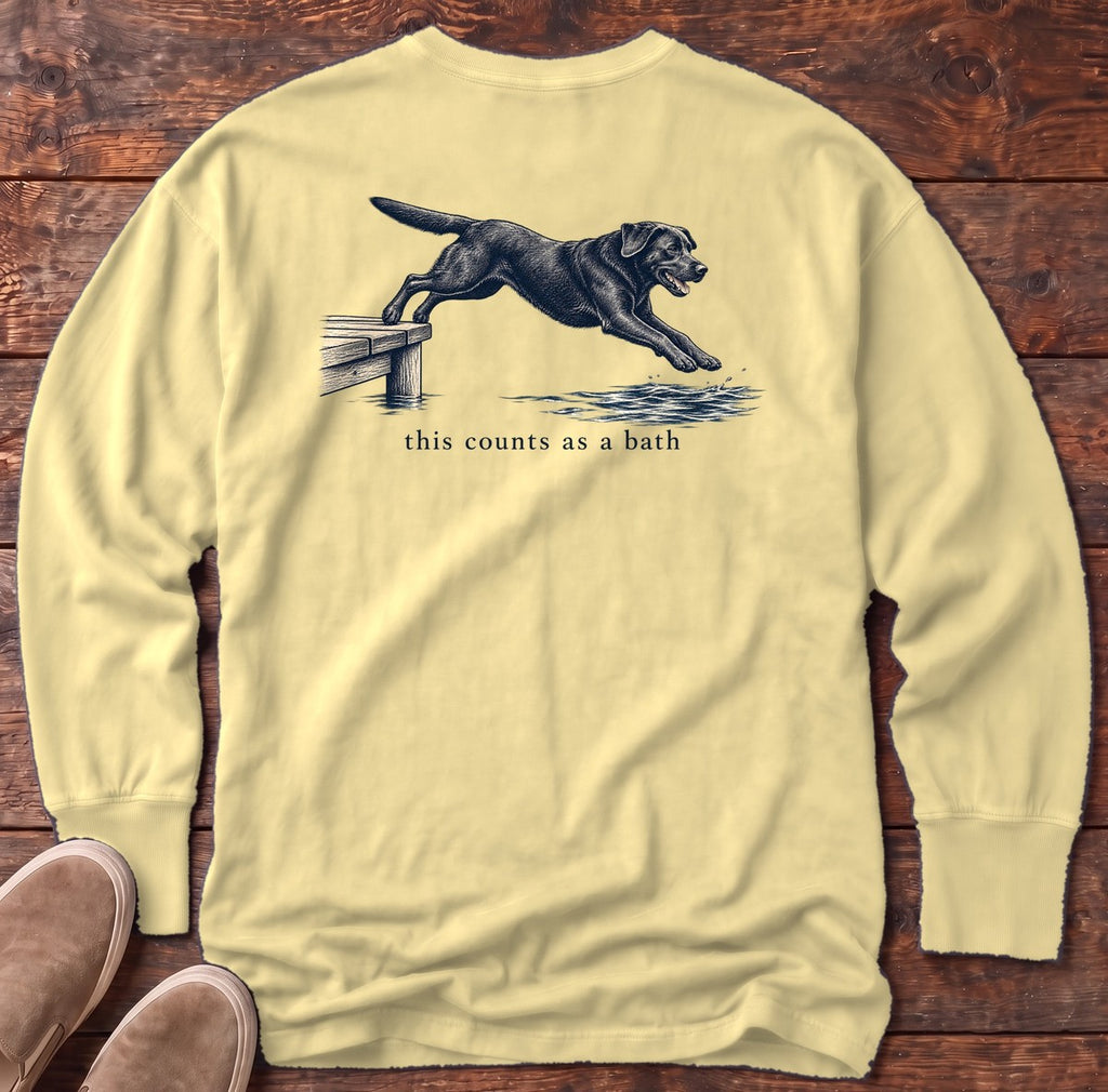 This Counts as a Bath Black Lab Back Design Long Sleeve Tee in Butter, Salty Paws Comfort Colors Long Sleeve Tee, back design flat lay