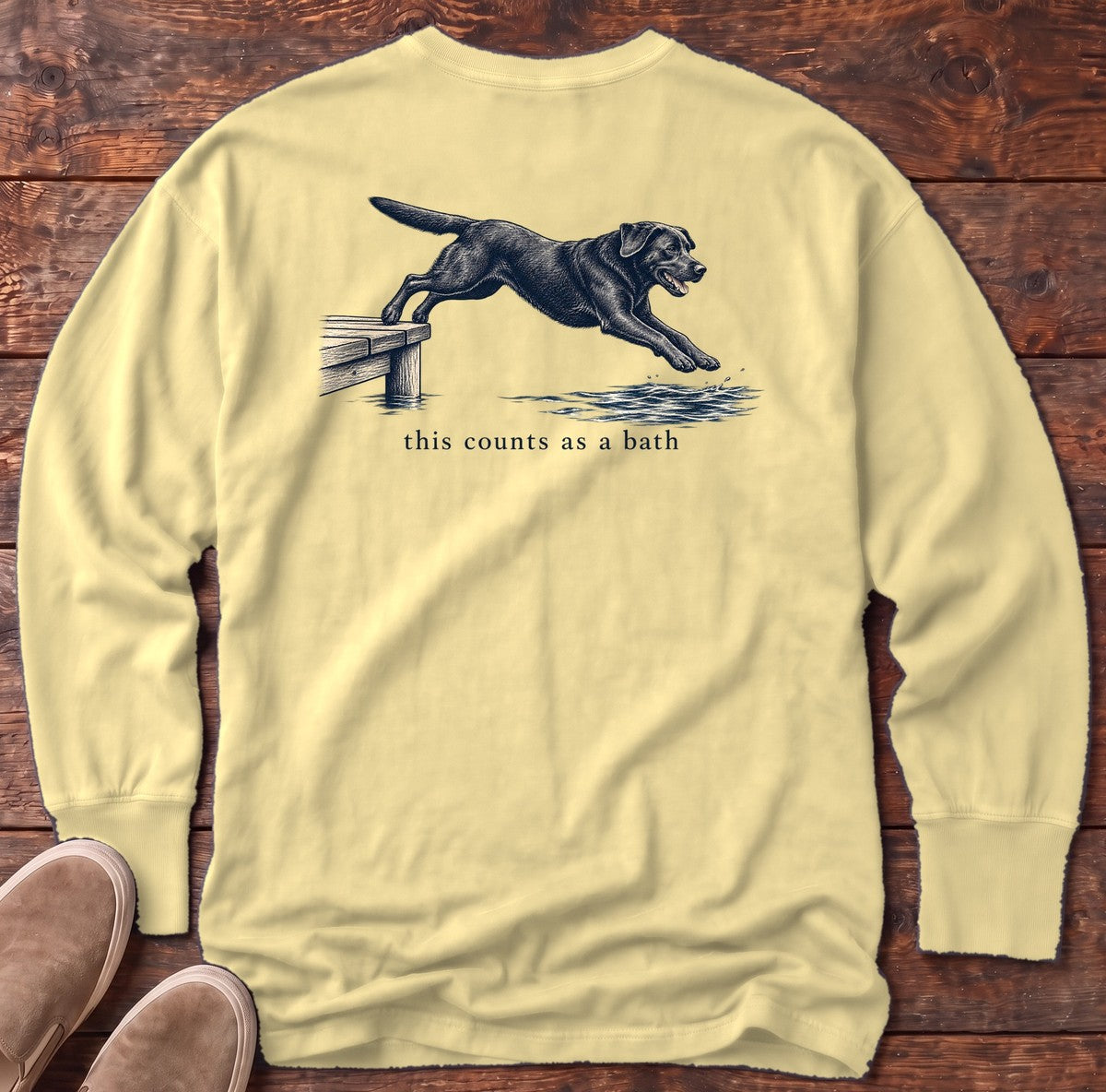 This Counts as a Bath Black Lab Back Design Long Sleeve Tee in Butter, Salty Paws Comfort Colors Long Sleeve Tee, back design flat lay