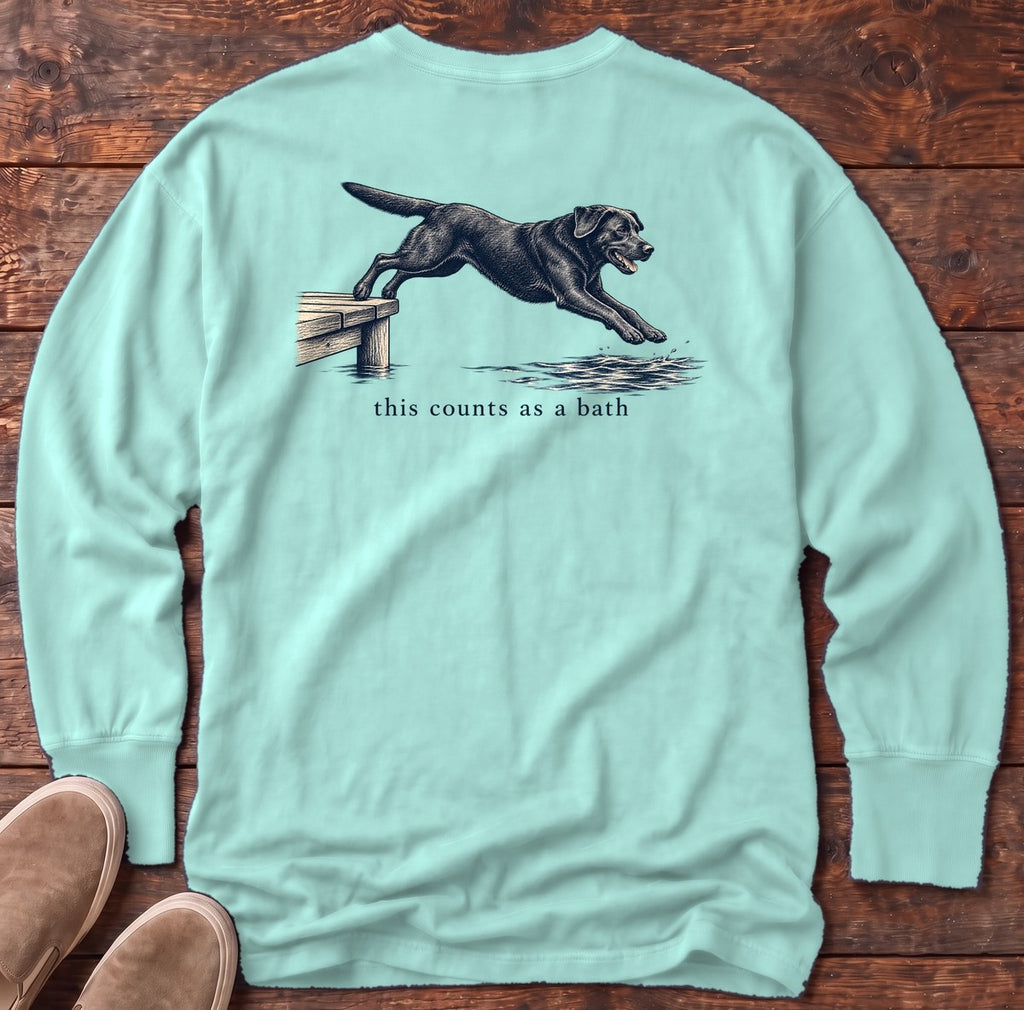 This Counts as a Bath Black Lab Back Design Long Sleeve Tee in Chalky Mint, Salty Paws Comfort Colors Long Sleeve Tee, back design flat lay