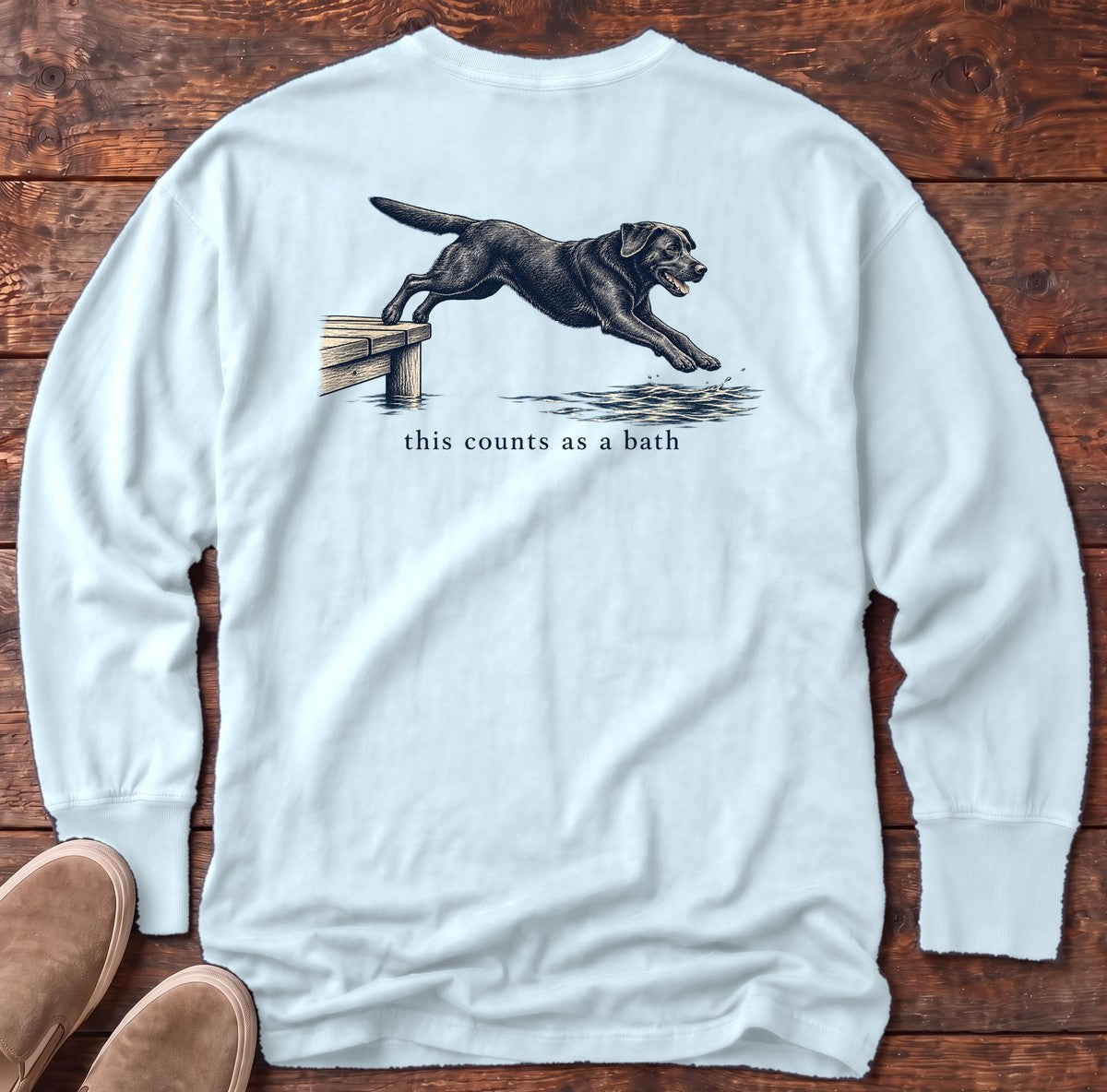 This Counts as a Bath Black Lab Back Design Long Sleeve Tee in Chambray, Salty Paws Comfort Colors Long Sleeve Tee, back design flat lay