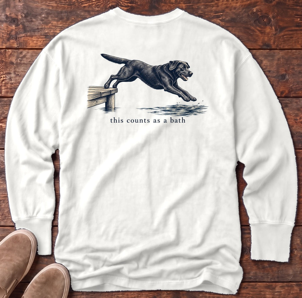 This Counts as a Bath Black Lab Back Design Long Sleeve Tee in White, Salty Paws Comfort Colors Long Sleeve Tee, back design flat lay
