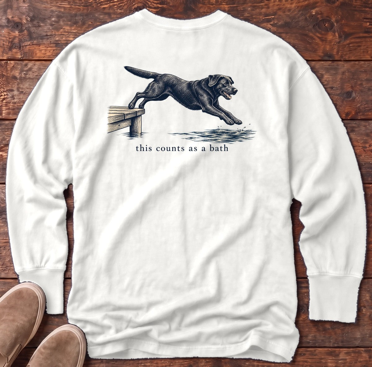 This Counts as a Bath Black Lab Back Design Long Sleeve Tee in White, Salty Paws Comfort Colors Long Sleeve Tee, back design flat lay