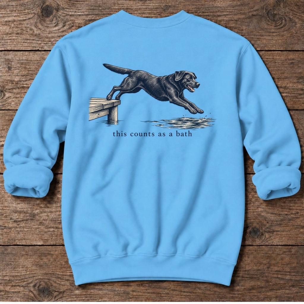 This Counts as a Bath Black Lab Back Design Midweight Sweatshirt in Sky, Salty Paws Midweight Sweatshirt, back design flat lay