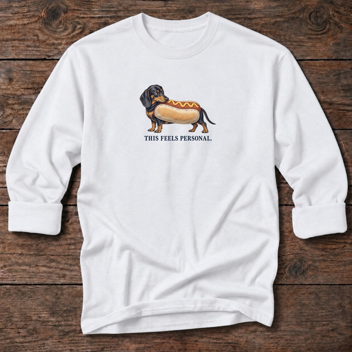 This Feels Personal Hot Dog Dachshund Long T-Shirt in White, Salty Paws coastal long sleeve tee