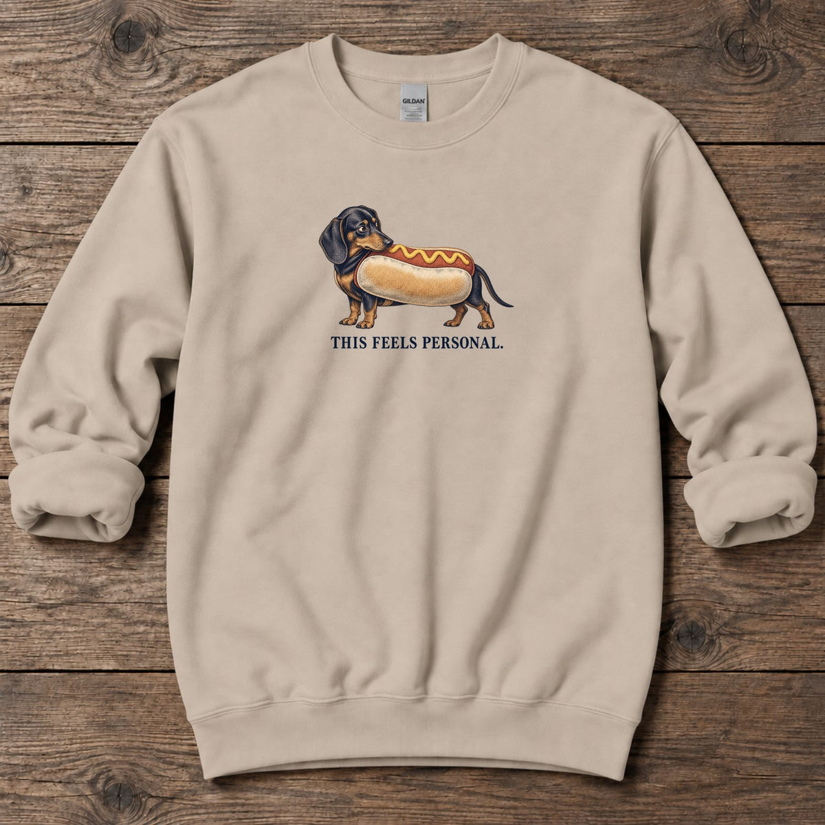 This Feels Personal Hot Dog Dachshund Midweight Sweatshirt in Sand, Salty Paws coastal sweatshirt
