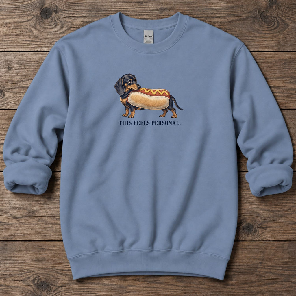 This Feels Personal Hot Dog Dachshund Midweight Sweatshirt in Stone Blue, Salty Paws coastal sweatshirt
