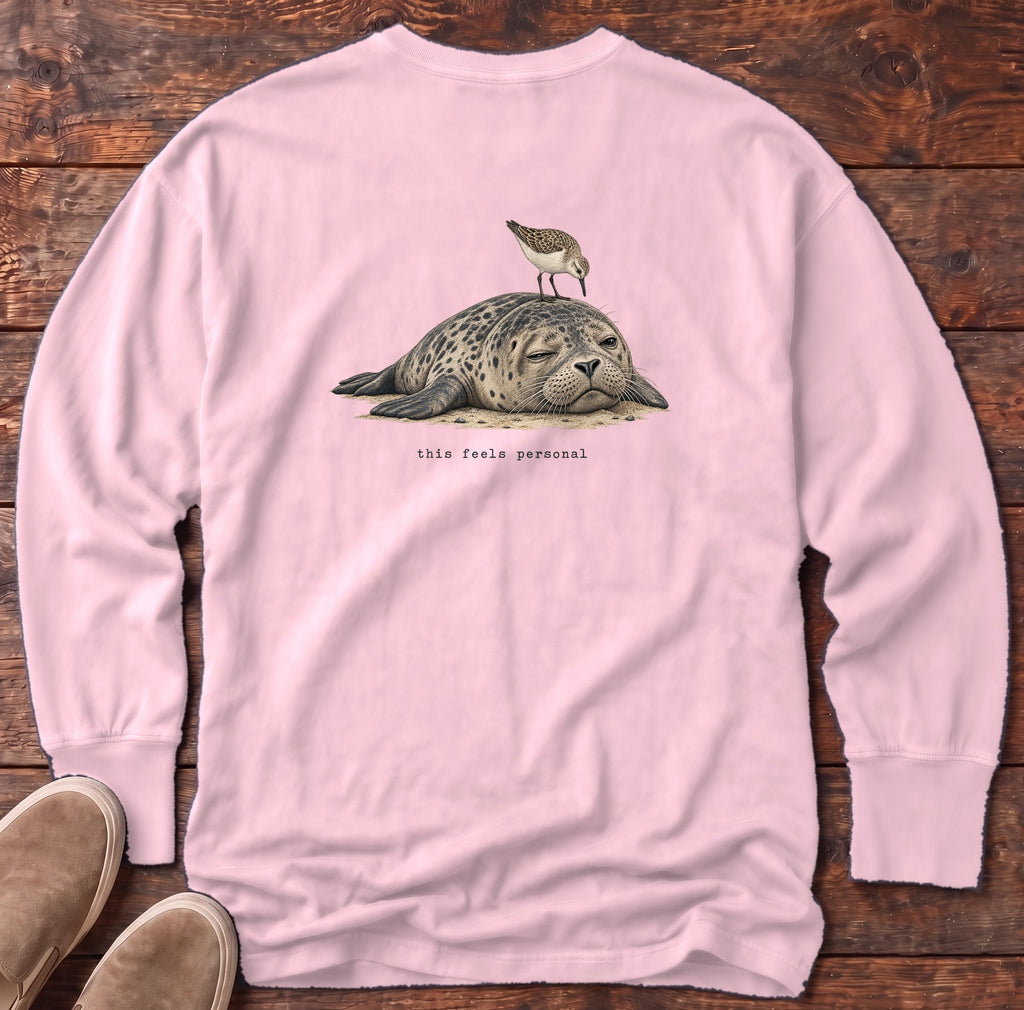 This Feels Personal Seal Back Design Long Sleeve Tee Comfort Colors in Blossom, Salty Paws Comfort Colors Long Sleeve Tee, back design flat lay