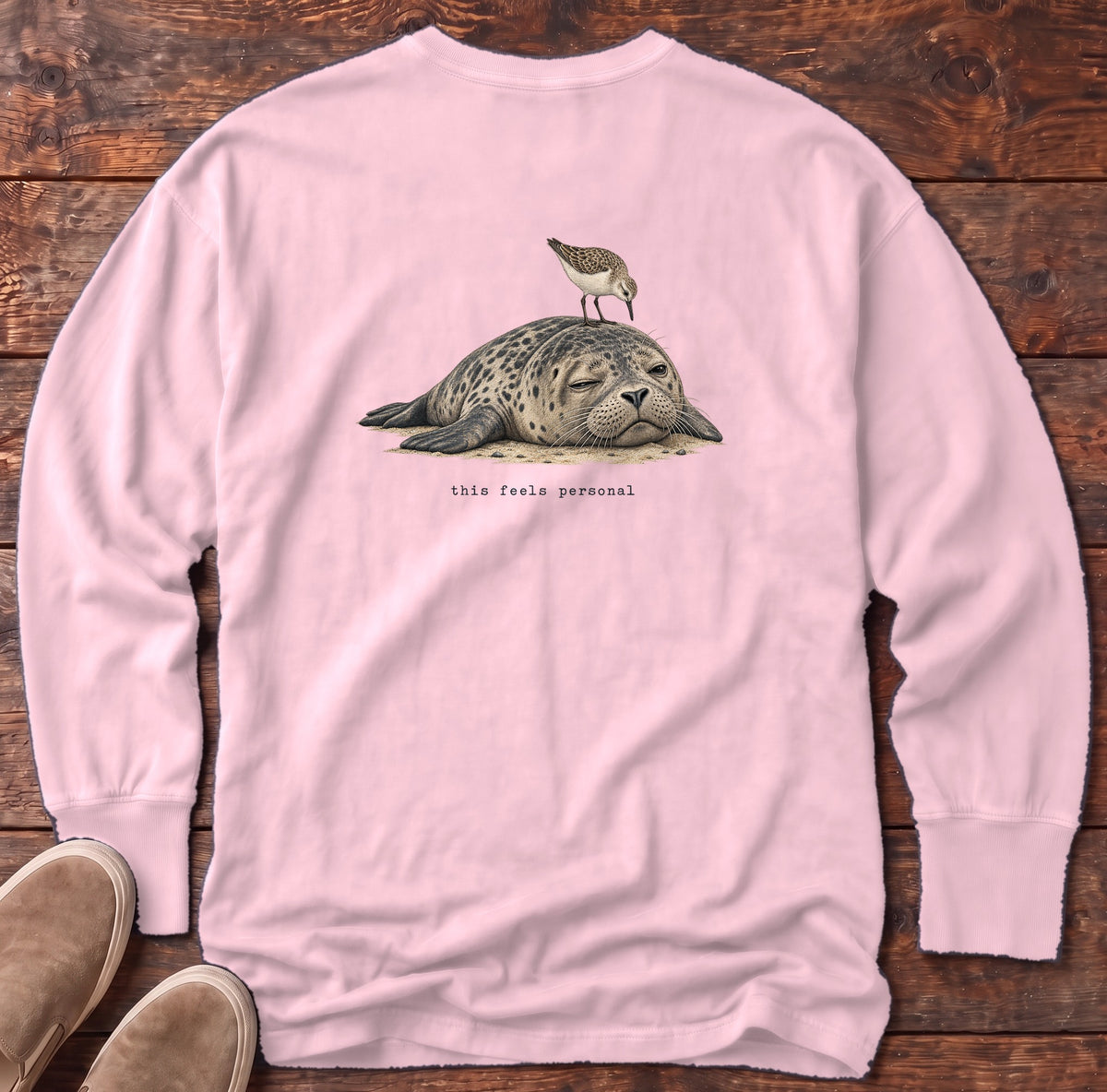 This Feels Personal Seal Back Design Long Sleeve Tee Comfort Colors in Blossom, Salty Paws Comfort Colors Long Sleeve Tee, back design flat lay