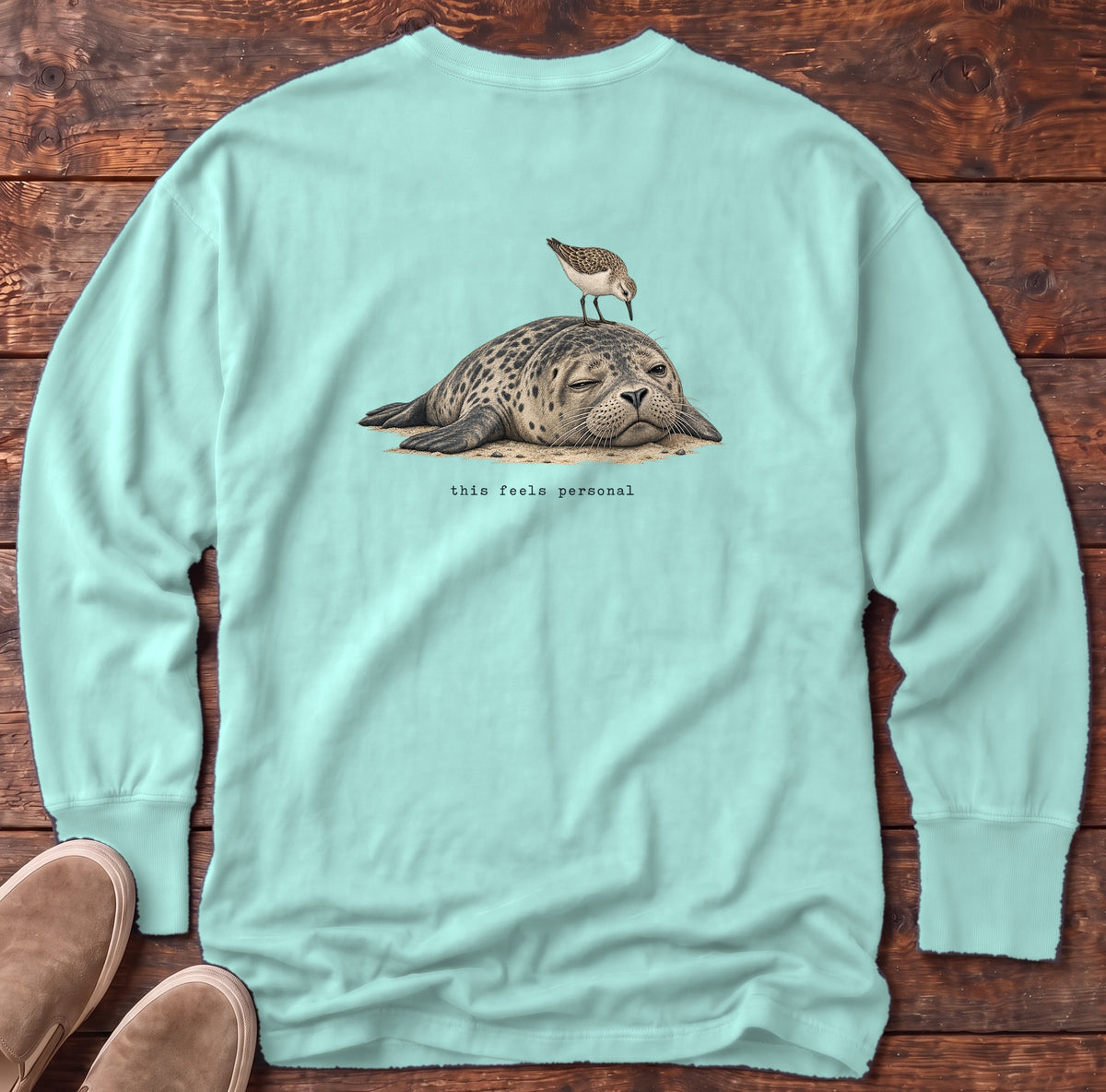 This Feels Personal Seal Back Design Long Sleeve Tee Comfort Colors in Chalky Mint, Salty Paws Comfort Colors Long Sleeve Tee, back design flat lay