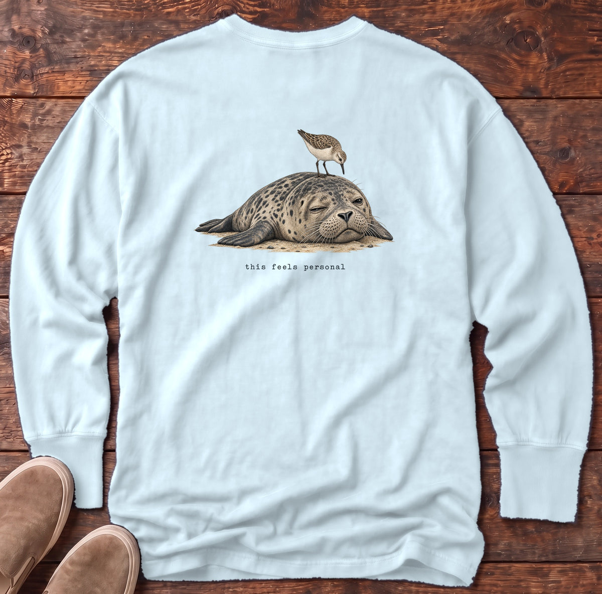 This Feels Personal Seal Back Design Long Sleeve Tee Comfort Colors in Chambray, Salty Paws Comfort Colors Long Sleeve Tee, back design flat lay