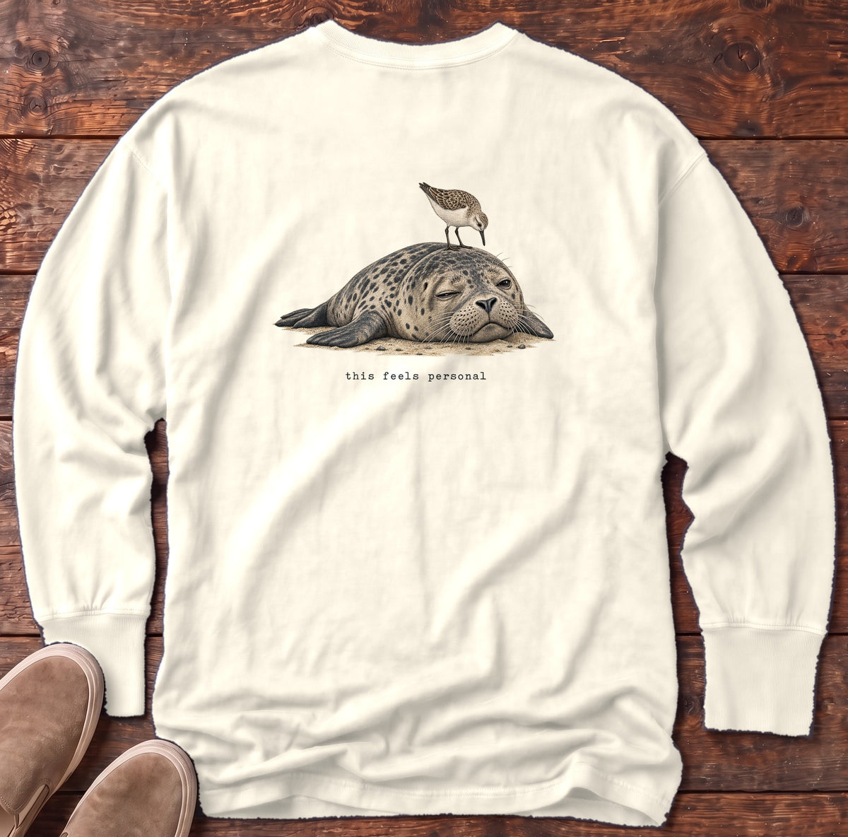 This Feels Personal Seal Back Design Long Sleeve Tee Comfort Colors in Ivory, Salty Paws Comfort Colors Long Sleeve Tee, back design flat lay