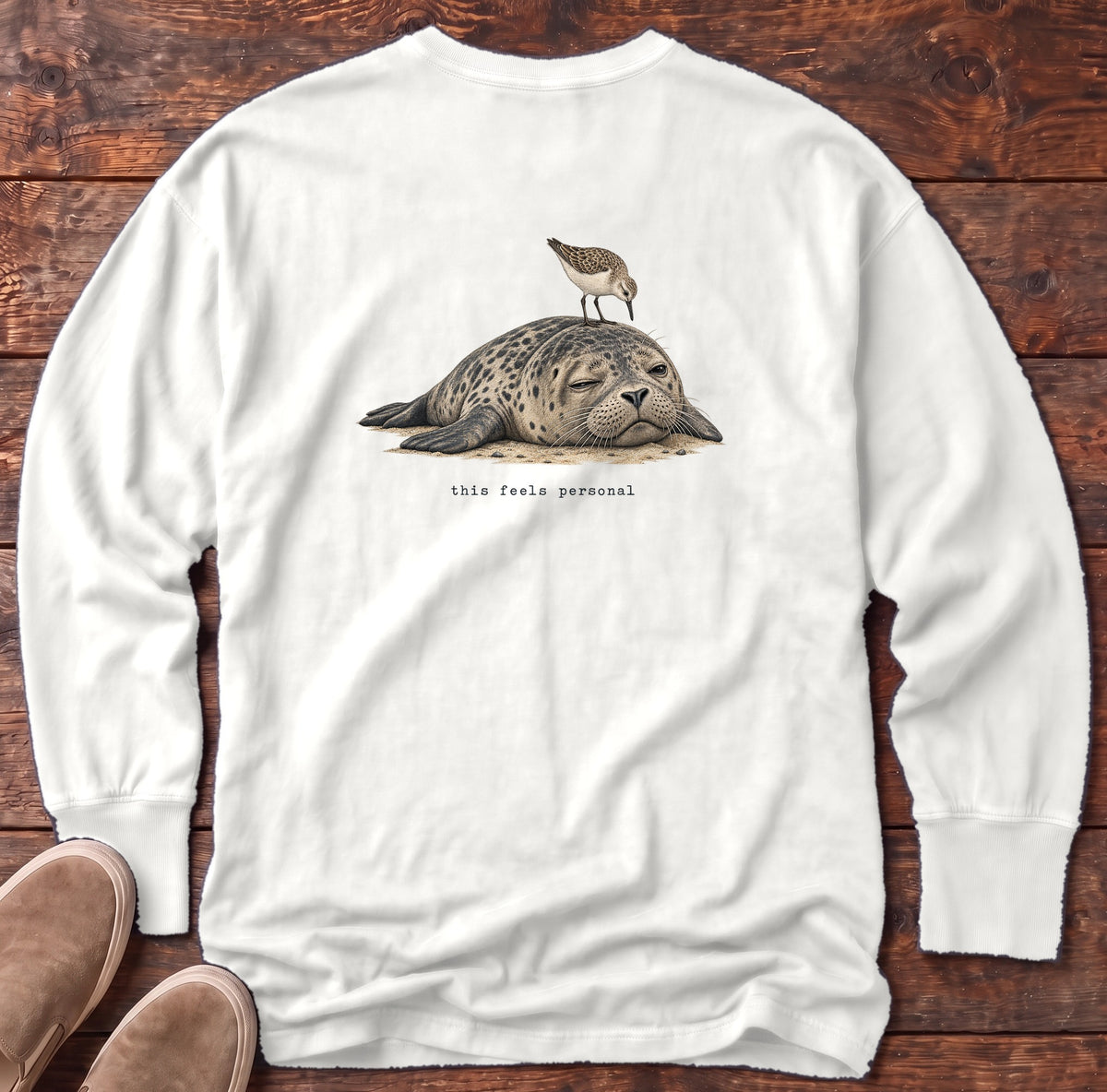 This Feels Personal Seal Back Design Long Sleeve Tee Comfort Colors in White, Salty Paws Comfort Colors Long Sleeve Tee, back design flat lay