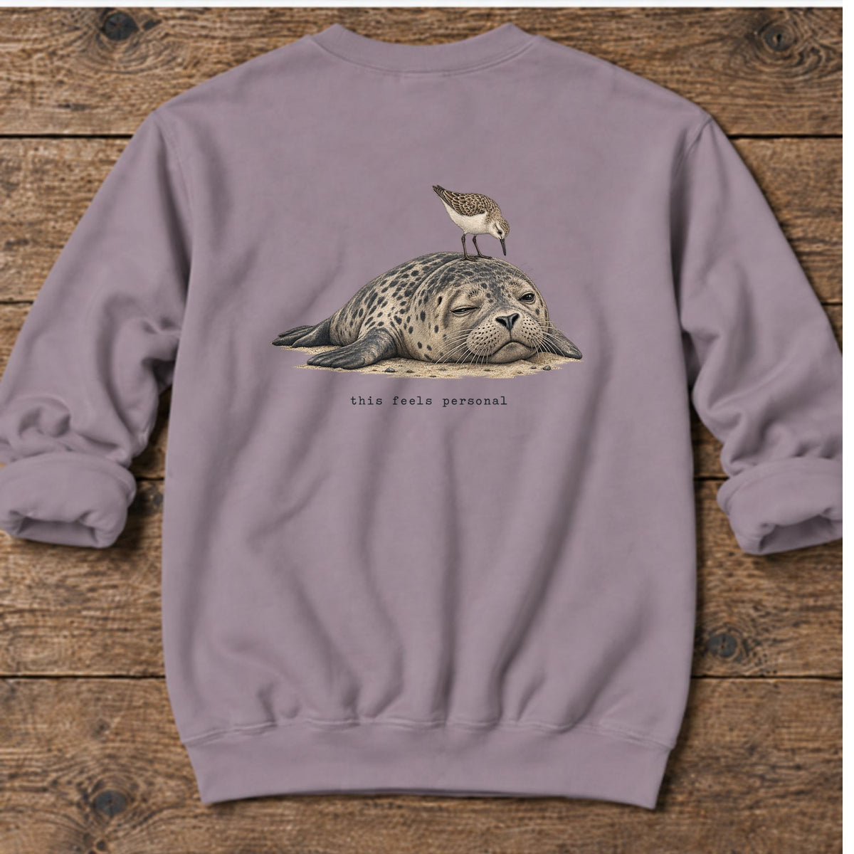 This Feels Personal Seal Back Design Midweight Sweatshirt in Paragon, Salty Paws Midweight Sweatshirt, back design flat lay
